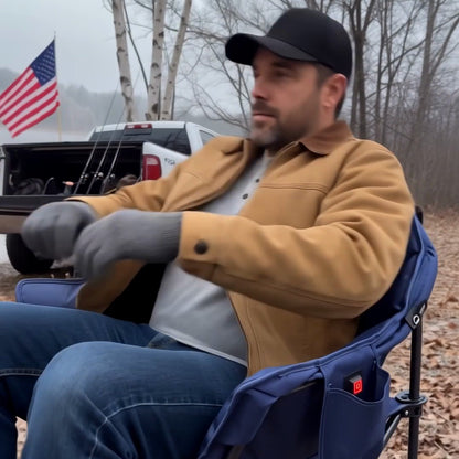 Dad sitting in the heated camp chair by the lake