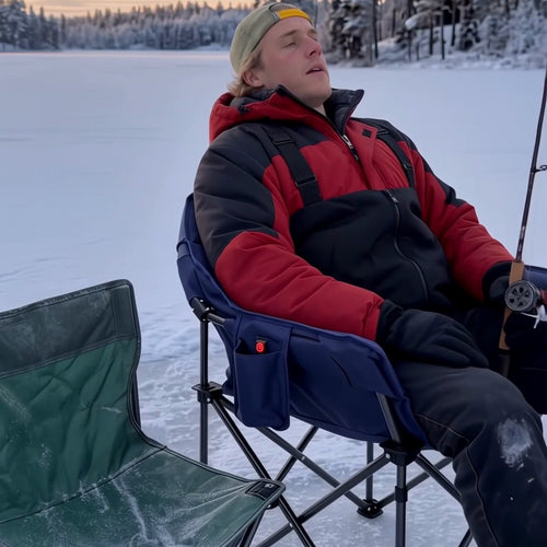 Angler relaxing in the WarmPerch heated camp chair on the ice